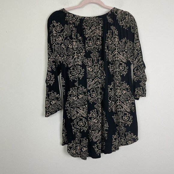 Lucky Brand Woman’s Plus Black Tan Floral Boho Keyhole Top Long Sleeve Size 2X - Picture 6 of 6